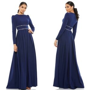 Mac Duggal Navy Long Sleeve Formal Gown Rhinestone Trim Pleated Gown NWT Sz 10